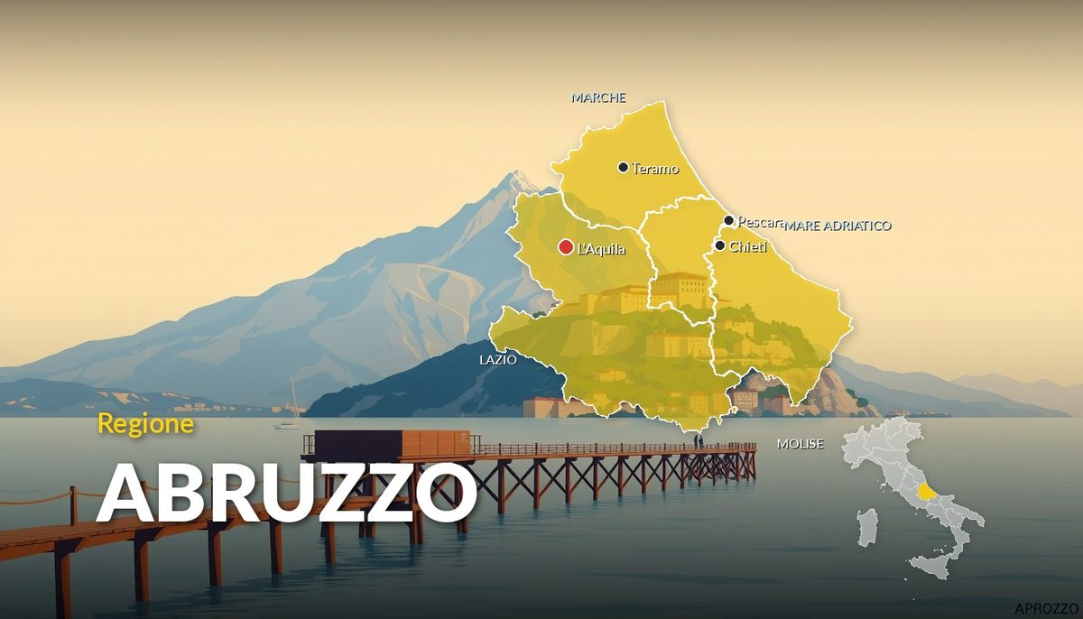 Illustrazione della regione Abruzzo con la cartina delle province e dei capoluoghi