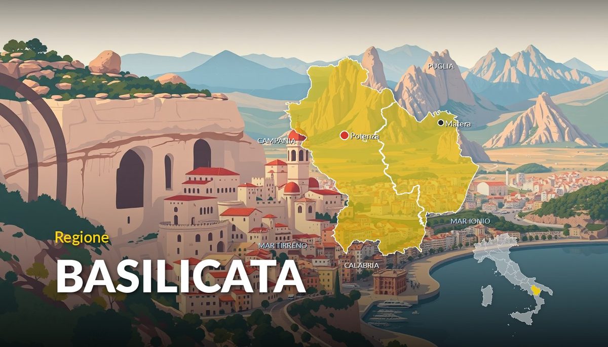 Illustrazione della regione Basilicata con la cartina delle province e dei capoluoghi