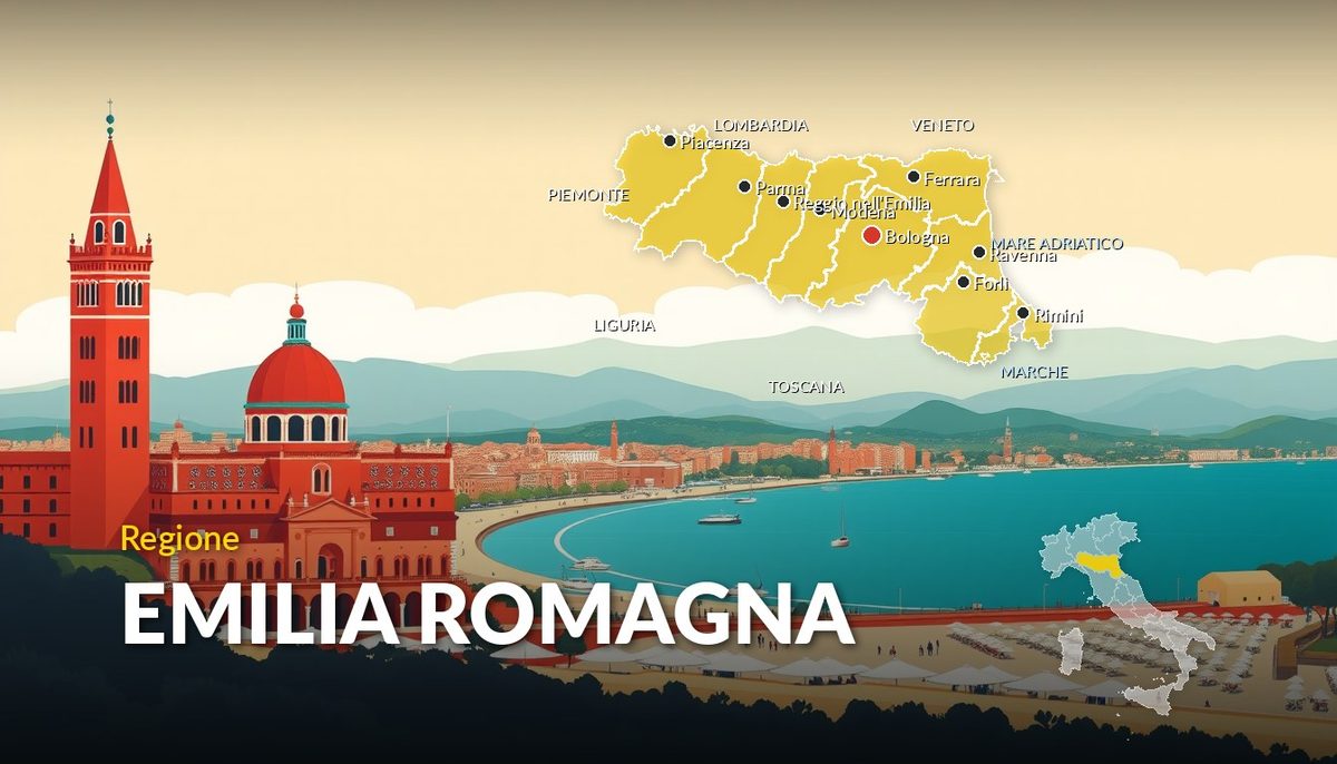 Illustrazione della regione Emilia-Romagna con la cartina delle province e dei capoluoghi
