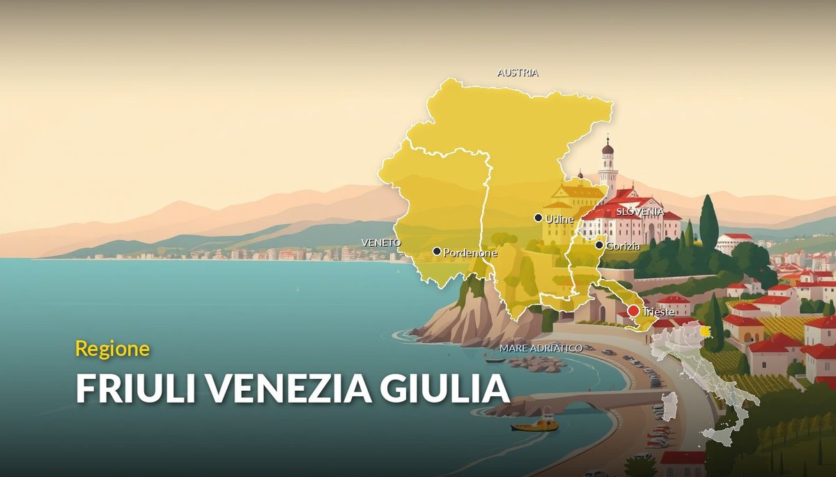 Illustrazione della regione Friuli-Venezia Giulia con la cartina delle province e dei capoluoghi