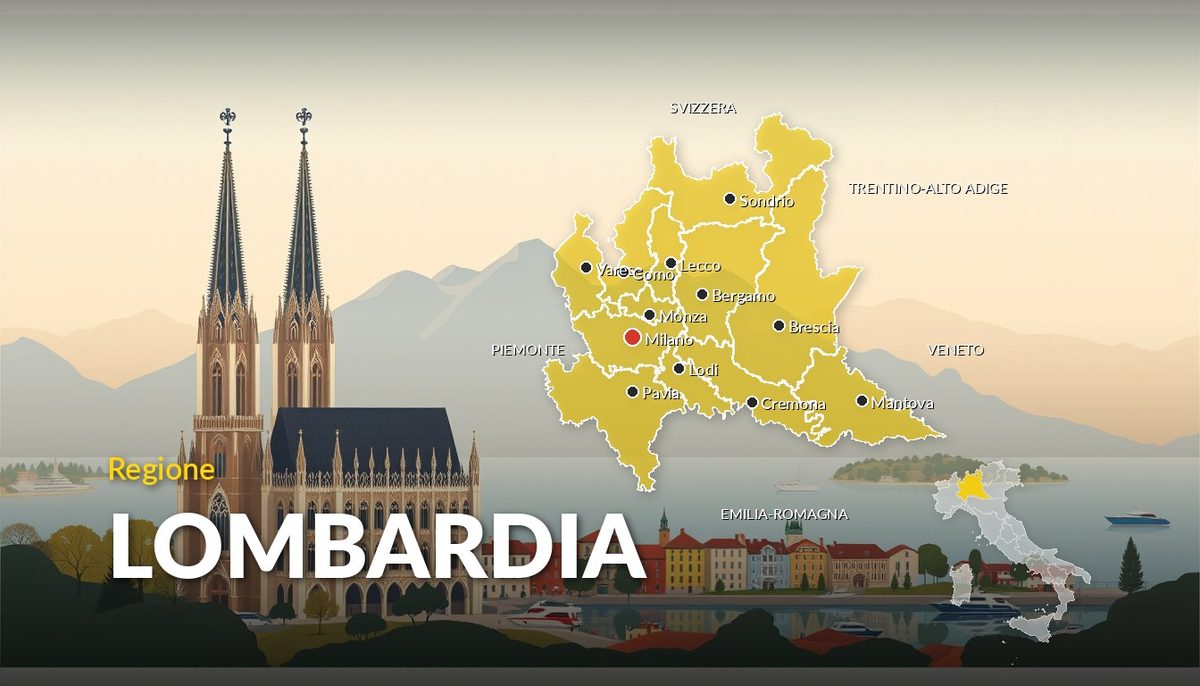 Illustrazione della regione Lombardia con la cartina delle province e dei capoluoghi