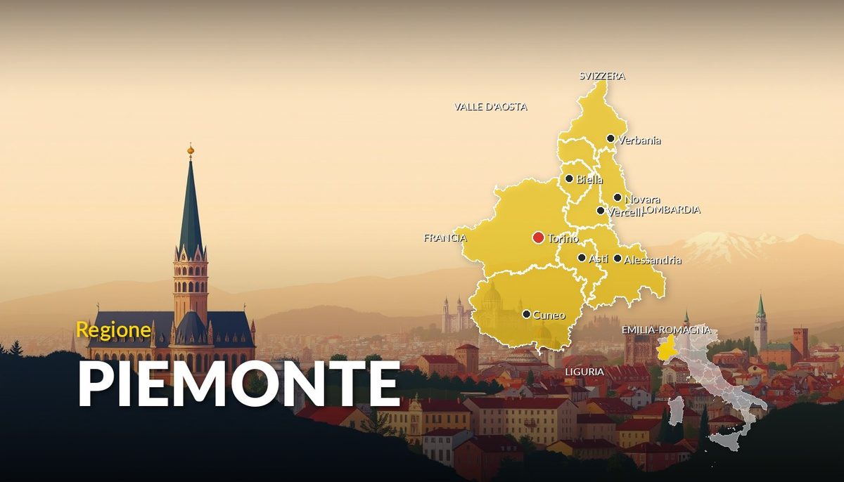 Illustrazione della regione Piemonte con la cartina delle province e dei capoluoghi