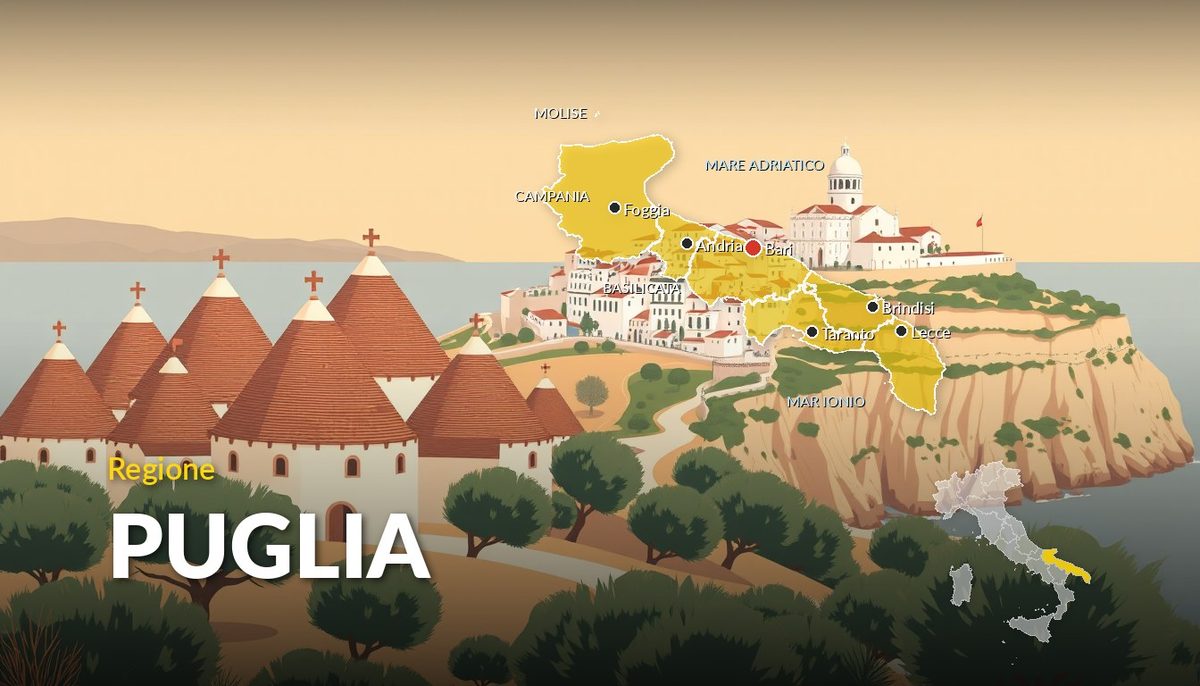Illustrazione della regione Puglia con la cartina delle province e dei capoluoghi
