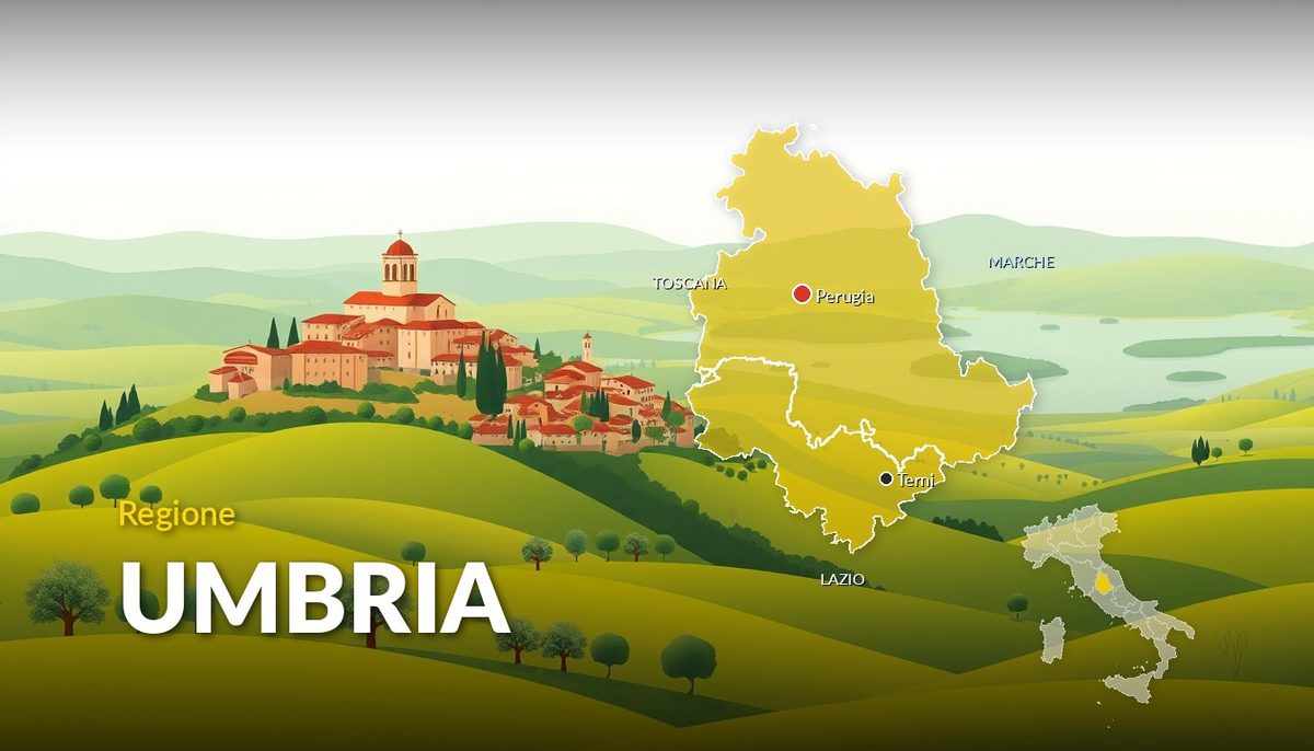 Illustrazione della regione Umbria con la cartina delle province e dei capoluoghi