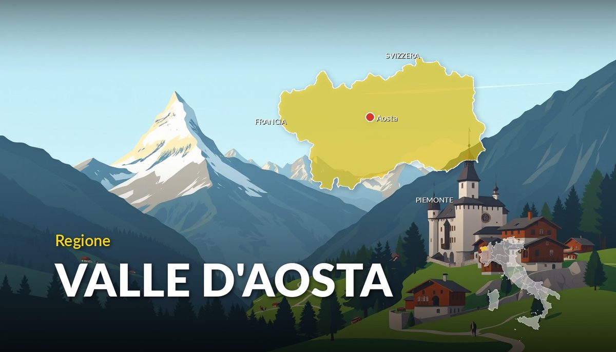 Illustrazione della regione Valle d'Aosta con la cartina delle province e dei capoluoghi